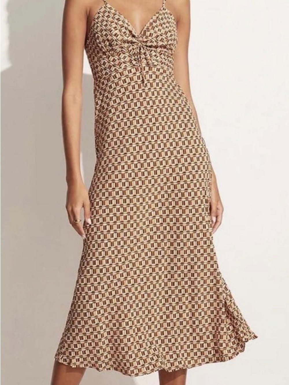 Faithfull the Brand Brown Geometric Ruched Midi Dress Size S